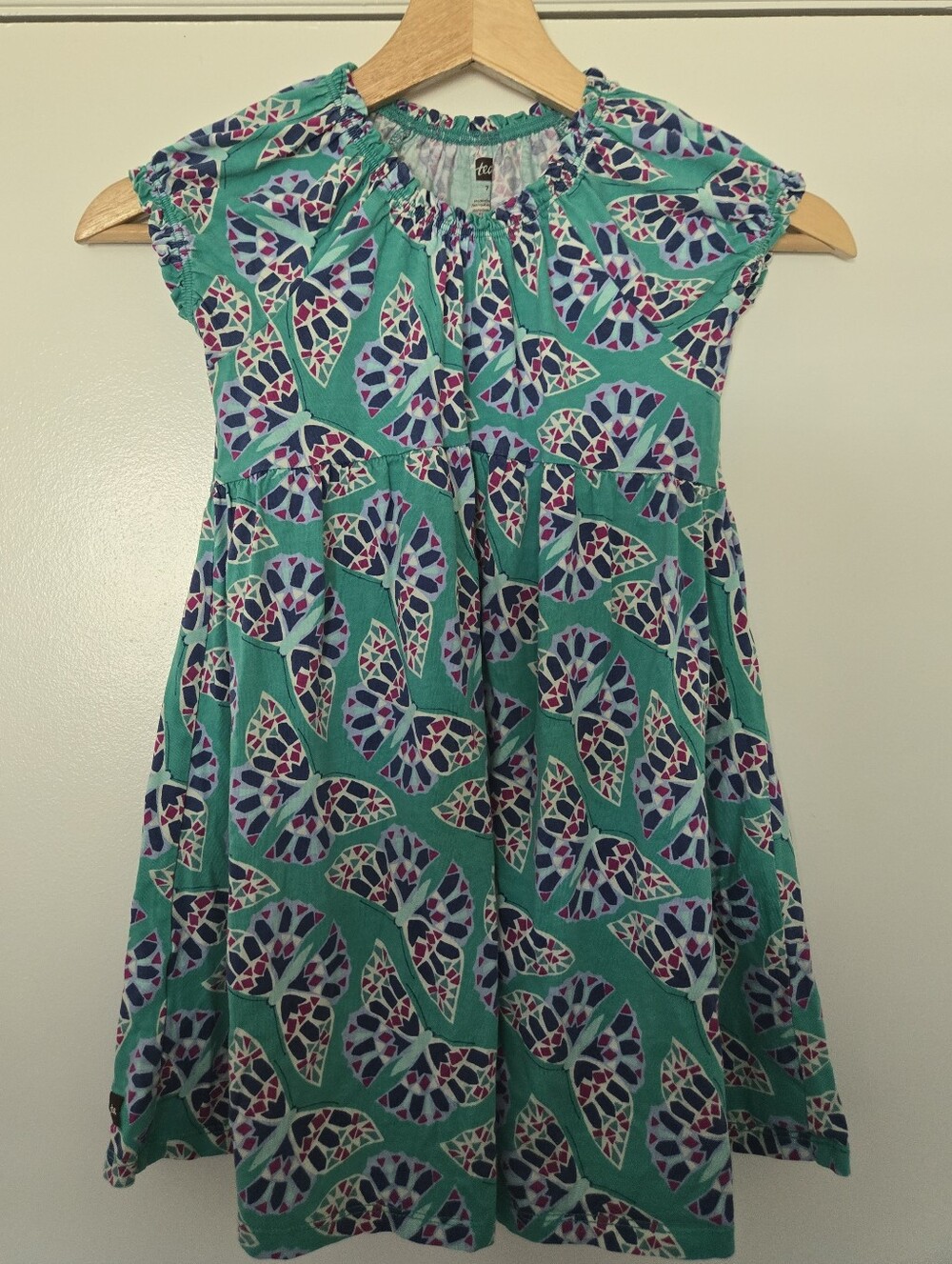 Tea Collection Teal Butterfly 100% Cotton Cap-Sleeve Dress Size 7